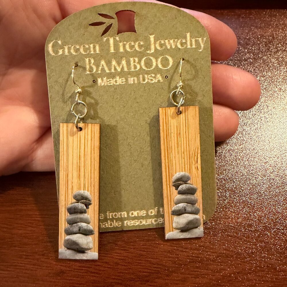 Green Tree Bamboo Earrings "Stacked Stones"